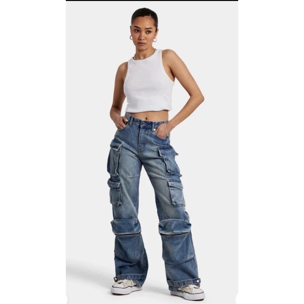 Forever 21 Cargo Baggy Multi Pocket Jeans Denim Pants Skater Size S 26x29 Indie
